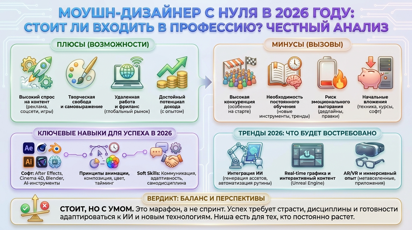 Моушн-дизайнер с нуля в 2026 году — стоит ли входить, кому подходит, частые вопросы