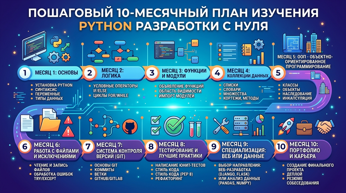 Пошаговый план обучения Python с нуля за 10 месяцев